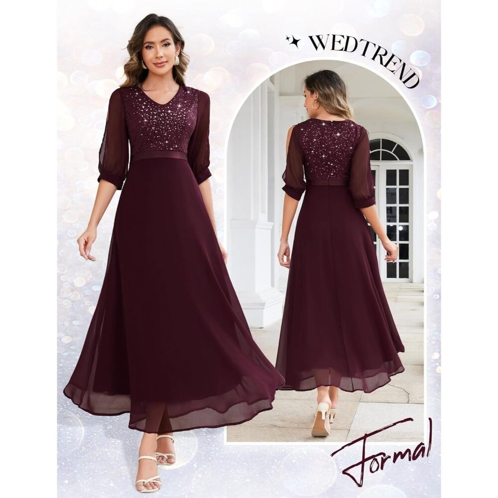 Womens S Burgundy Formal Dress Sequins Lace Bodice Sheer Sleeves Back Zipper